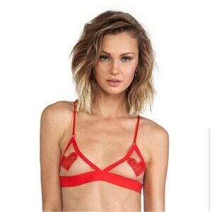 For Love and Lemons Mesh Lace Embroidered Hearts Sheer Bralette Red Nude Large